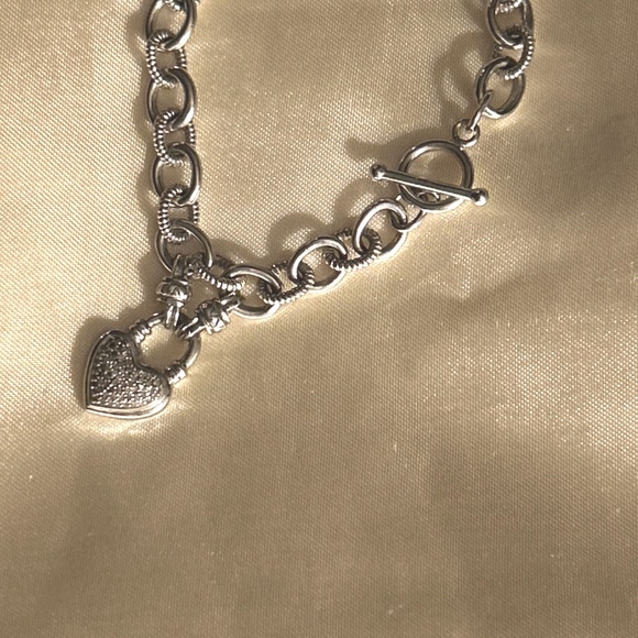 Sterling Silver 925 Diamond Heart Charm Rolo Link Toggle Bracelet Signed KRN - Picture 14 of 16